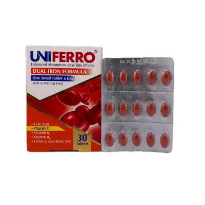 قرص آهن دو ظزفیتی یونی فرو Uniferro ابیان دارو بسته 30 عدد