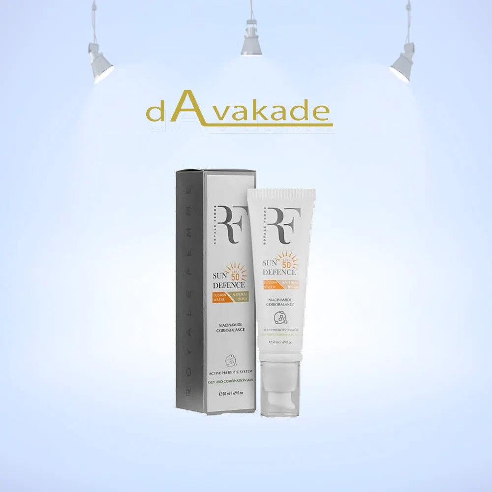 کرم ضد آفتاب آر اف RF مدل فیوژن واتر Sun Defence بی‌رنگ SPF50 مخصوص پوست چرب و مختلط